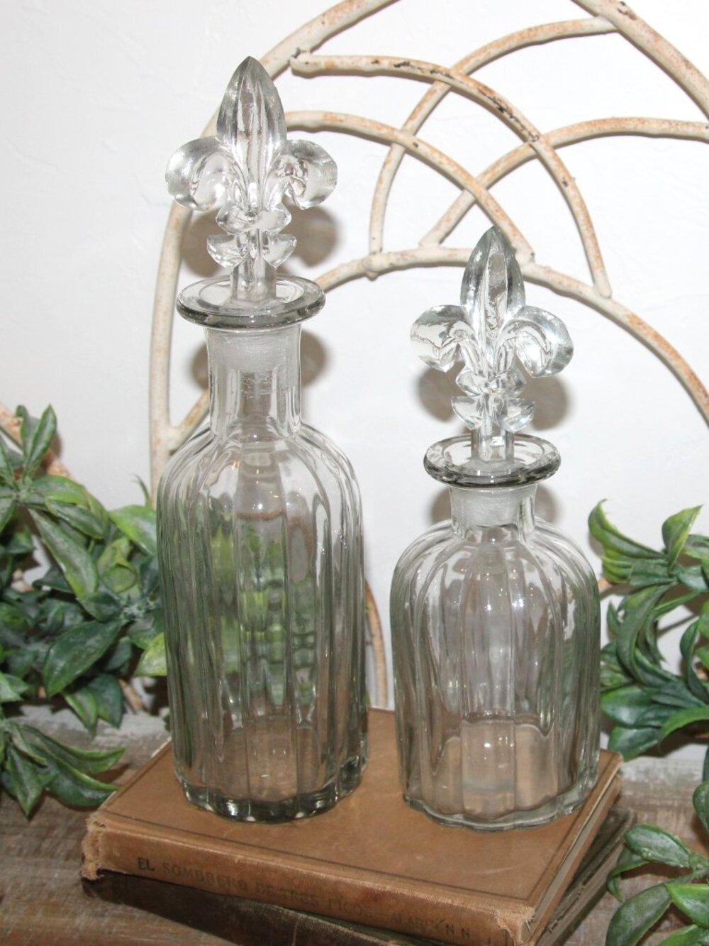 Pair of Shabby Vintage French Fleur De Lis Stoppers Ribbed Glass Bottles